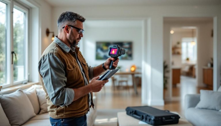 Diagnostiqueur immobilier en plein travail avec tablette, illustrant parcours, formation et débouchés du métier.