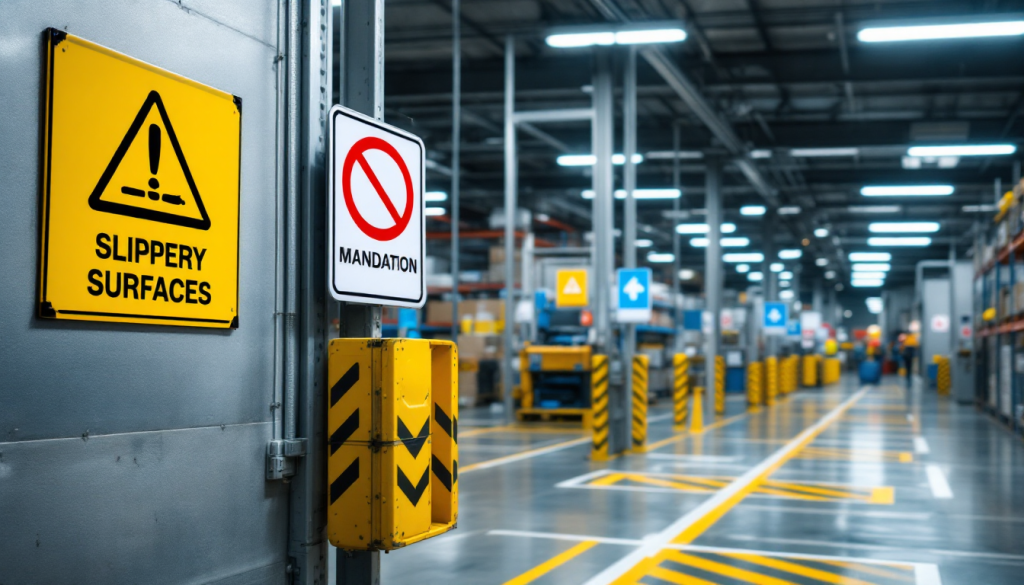 Signalisation sécurité au travail avec panneaux d'avertissement et instructions pour prévenir les risques professionnels.