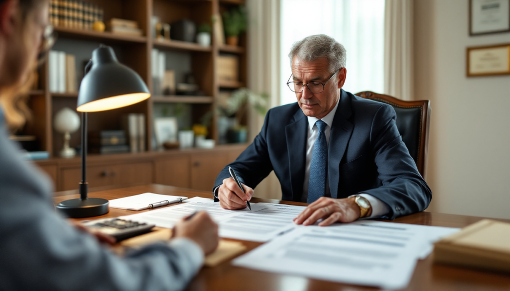 # Midjourney PromptA professional notary office scene during a real estate transaction signing, showing a middle-aged notary in formal business attire seated at a large wooden desk reviewing property sale documents with a client couple in the foreground. The notary is pointing to specific lines on official paperwork with a pen. On the desk surface: formal contracts, a calculator showing numbers, official tax forms, and a sealed envelope marked "taxes". Soft warm lighting from a desk lamp illum