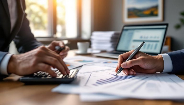 Banquier analysant les critères essentiels pour accorder un prêt immobilier à un couple dans un bureau moderne.