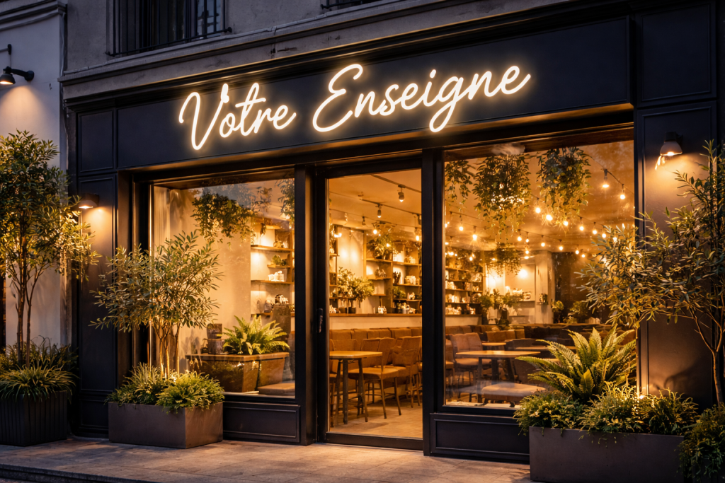 café moderne à la tombée de la nuit